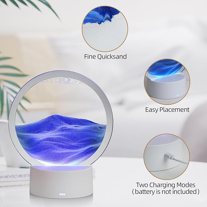 Moving Sand Art Liquid Motion, 3D Deep Sea Sandscape Color Quicksand Decor, Round Glass Moving Sand Art Picture Relaxing Desktop Home Office Work Decor (Blue, 6 inch)