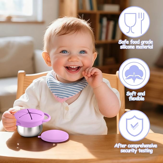 2-Pack Stainless Steel Snack Containers for Kids with Spill-Proof Silicone Lids & Handles - 3-in-1 Baby Snack Cups, No-Spill Toddler Snack Box, Perfect for On-the-Go Healthy Eating（Blue+Purple）