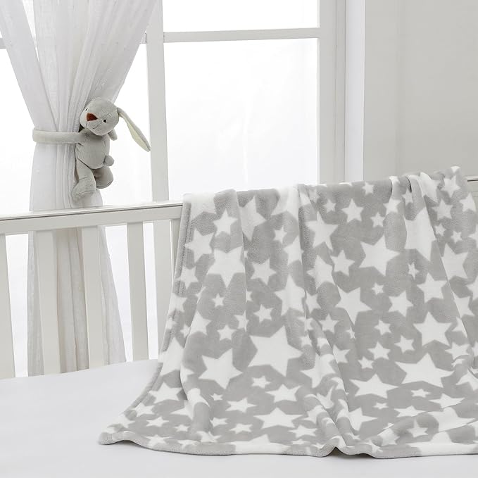 CREVENT 30"X40" Cozy Soft Warm Fleece Baby Blanket for Girls Boys, Newborn Essentials for Infant, Baby Shower Receiving Gift - Star Grey 75X100cm + Hugging Bunny