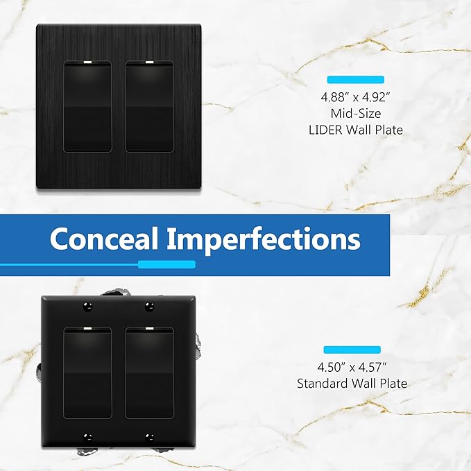 LIDER Brushed Finish Decorator Switch Cover, Screwless Wall Plate, Mid-Size 2-Gang 4.88" x 4.92", Unbreakable Polycarbonate Thermoplastic, UL Listed, LSWP-32M-BBK, Brushed Black