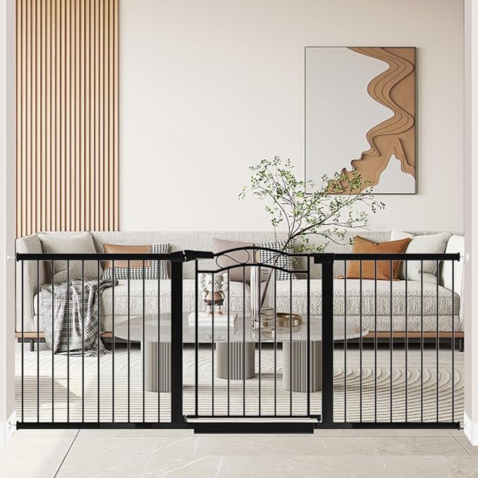 76.4"-81.8" Extra Wide Baby Gate for Doorways, Pressure Mount Metal Long Dog Gates for House Stairs, Auto Close Safety Child Gate with Walk Thru Door No Drilling, Large Tension Pet Gate Indoor, Black