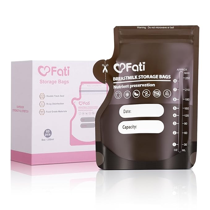 FATI Breastmilk Storage Bags-60 Pcs, 8Oz Blackout Breast Milk Storing Bag with Pour Spout for Baby Bottle Feeding/Breast Pump, No-Leak Milk Freezer Storage Pouches Self-Standing, Baby Essentials