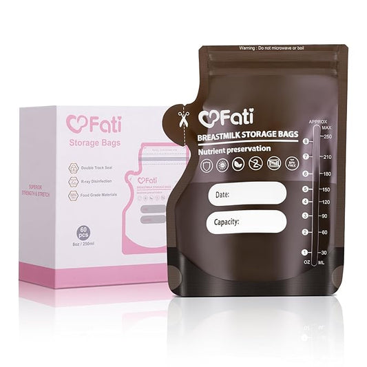 FATI Breastmilk Storage Bags-60 Pcs, 8Oz Blackout Breast Milk Storing Bag with Pour Spout for Baby Bottle Feeding/Breast Pump, No-Leak Milk Freezer Storage Pouches Self-Standing, Baby Essentials