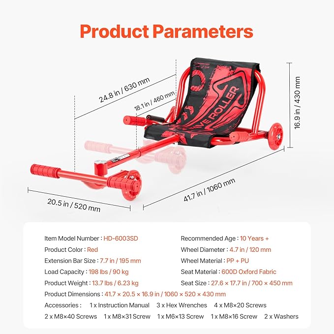VEVOR Ride on Scooter, Load Capacity of 198 lbs, Swing Side-to-Side for Amazing Ride Powered by Zig-Zag Motion, Ride on Drifting Toy for Ages 10+, Rides on Any Hard Surface for Indoor & Outdoor, Red
