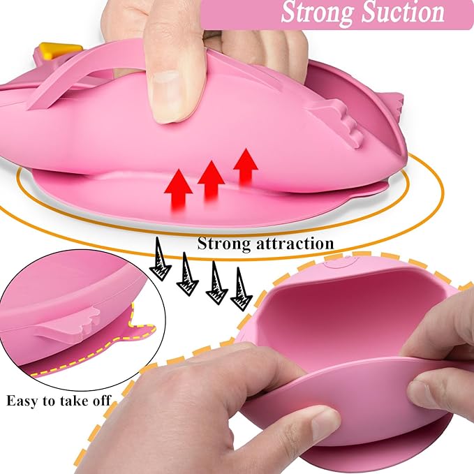 Silicone Baby Feeding Set,Baby Led Weaning Supplies Baby Silicone Suction plate and bowl set,Toddler Self Feeding Dish with Spoons Forks Sippy Cup And Adjustable Bib for 6+ Months-Pink