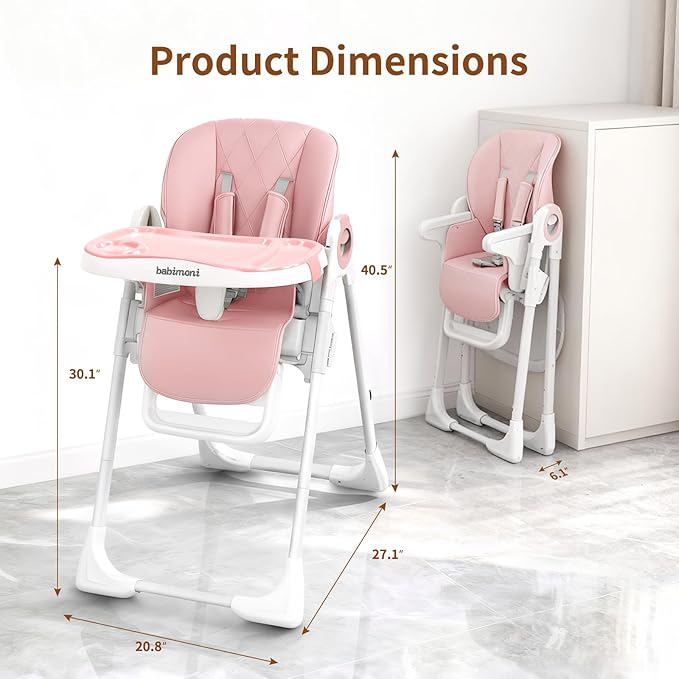 4 in 1 High Chairs for Babies and Toddlers, Foldable Baby High Chairs, Feeding and Eating Seat Highchair with 4 Levels of Recline and 7 Levels of Height Adjustment, Pink