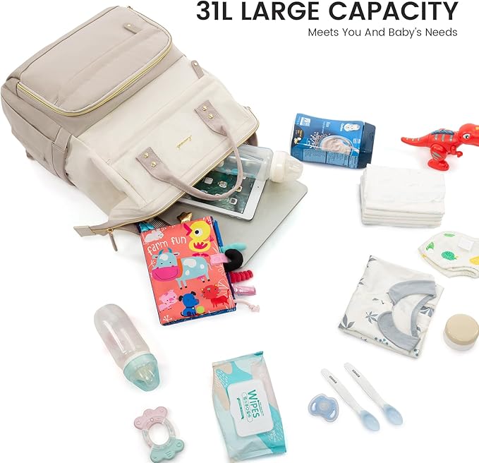 LOVEVOOK Diaper Bag Backpack, Baby Bag with Changing Station, Large Diaper Backpack for Moms Dads, Waterproof Leather Accents Baby Boy and Girl Bag for Travel Baby Essentials