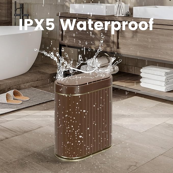ELPHECO Bathroom Motion Sensor Trash can 2 Gallon Automatic Garbage Can, Slim Plastic Smart Trash Can with Lid, Commercial Intelligent Trash Bin for Bedroom, Bathroom, Office, Brown