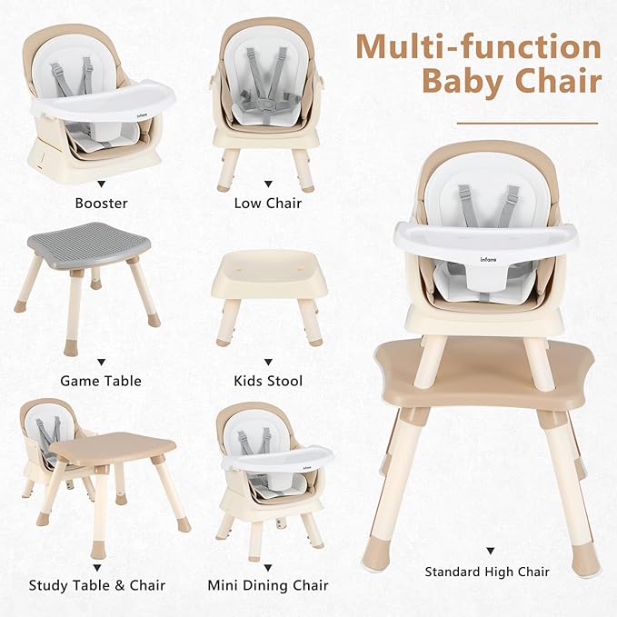 INFANS 8 in 1 Baby High Chair, Convertible Highchair for Babies and Toddlers, Infant Dining Booster Seat, Building Block Table, Kids Stool Table Chair Set with Removable Tray (8 in 1, Light Brown)