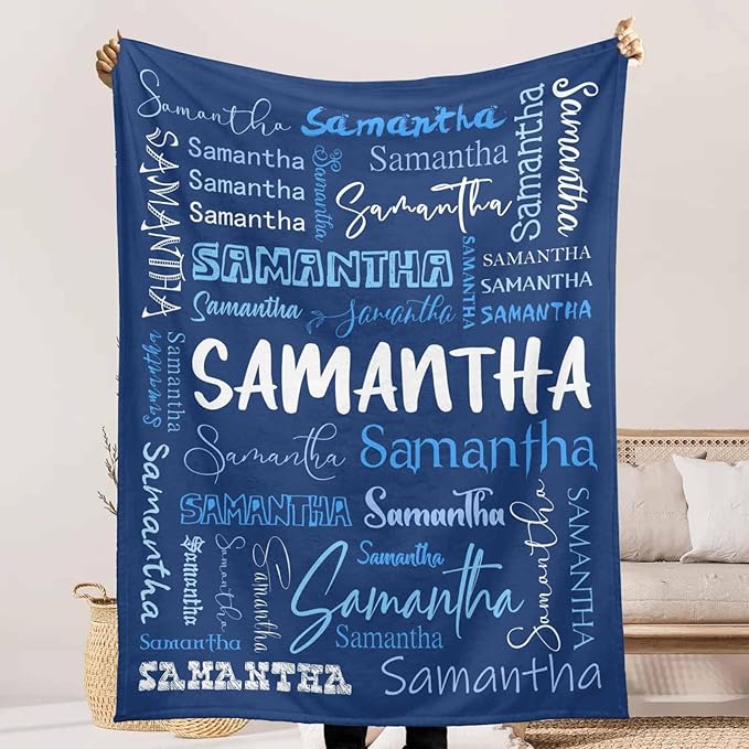 Personalized Name Blanket for Baby Boys Girls, Custom Bed Throw Blanket Navy Blue, Ultra-Soft Cozy Flannel Fleece Blankets for Kids, Fluffy Infant Toddler Newborn Receiving Blankets for Crib Stroller