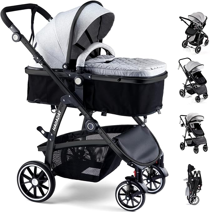 Baby Stroller, 2-in-1 Reversible ToddlerSeat with Lie-Flat Mode, Foldable Infant Stroller with Canopy, One Button Brake, Adjustable Handle, Newborn Pushchair (Gray B)