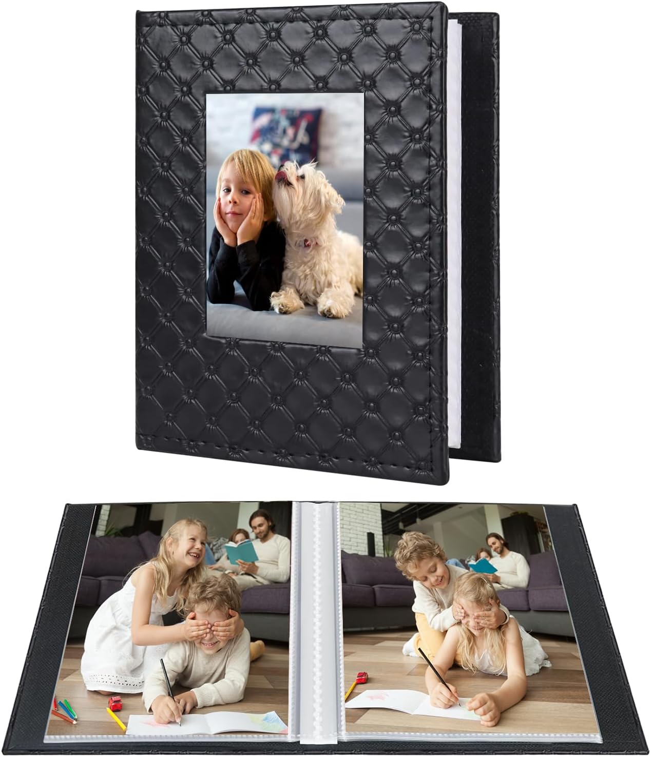 RECUTMS Photo Album 4x6 52 Photos, Small Photo BookButton Grain PU Leather Window 26-Sheet Holds 52 Pictures for Picture Album Wedding Family Baby Vacation(Black)