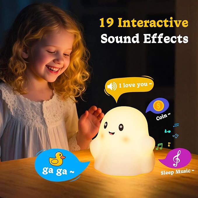 Ghost Night Light for Kids, Rechargeable Cute Night Lights with 1200mAh Battery and 19 Sounds/30 Min-Timer/3 Light Modes, 3000K Silicone Touch LED Night Lamp for Mom Bedroom Christmas Decor