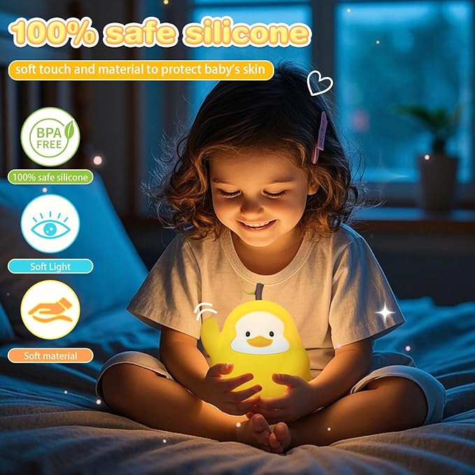 Night Light for Kids, Rechargeable Dimmable Silicone LED Nightlight with 7 Colors, Baby Nursery Night Lamp, Touch Squishy Lamp, Cute Gifts for Girls, Boys, Toddler Room Decor, Yellow Duck