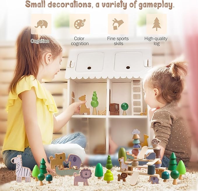 Wooden Animal Forest Balance Stacking Toy Set 36PCS Wood Miniature Tree Blocks Set Elegant Ornaments for Home Decor Wooden Mini Trees Animals Balance Toy for Toddler 36 Months+