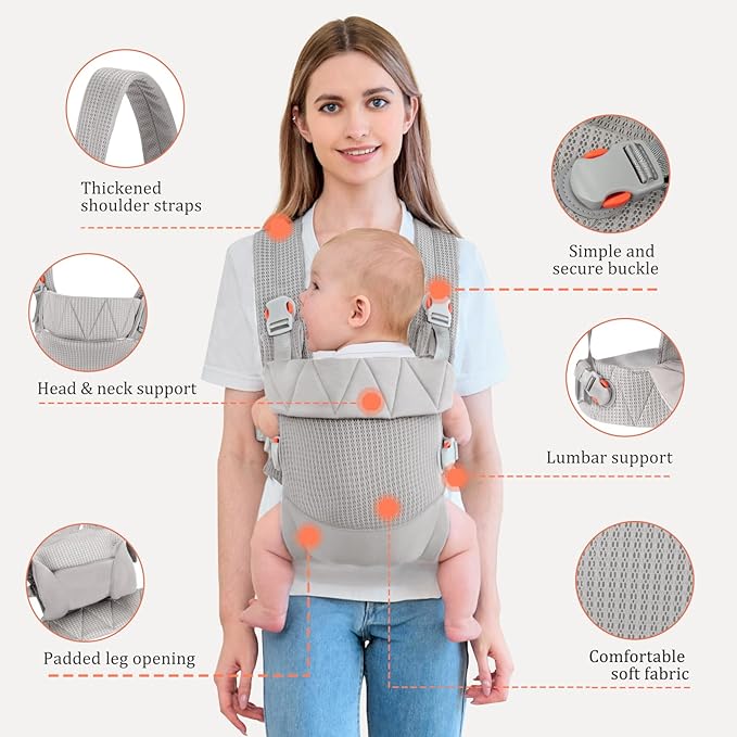 IULONEE Baby Carrier Wrap Ergonomic Baby Strap Carrier Front & Back Backpack Carry Adjustable Infant Toddlers Carrier Sling for Newborn Grey