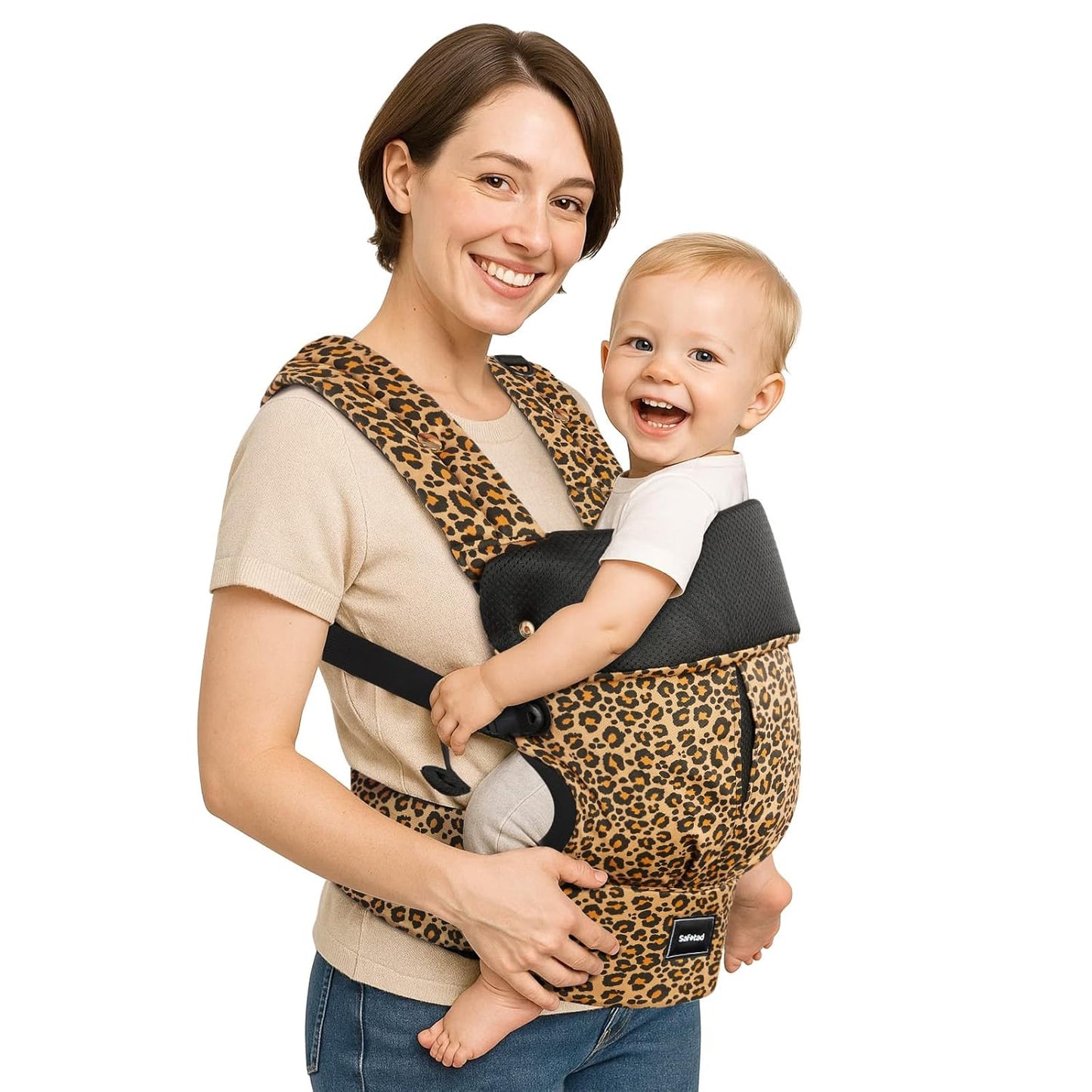 Baby Carrier with Lumbar Support, Cozy Baby Carrier Newborn to Toddler with Adjustable Seat Size, Ergonomic Infant Carrier with 3-Way Carry, Front Facing Toddler Hodler Carrier for Mom & Dad, Leopard