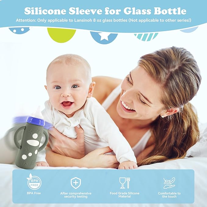 4-Pack Silicone Sleeves for Lansinoh Glass Bottles 8 oz- Starry Sky Design Baby Bottle Holder with Handles,Protectors for Lansinoh Natural Wave Glass Bottles, Anti-Scald Feeding Supplies