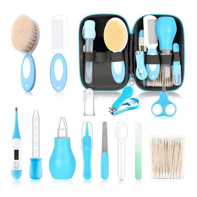Baby Grooming Kit，Infant Safety Care Setwith Hair Brush Comb Nail Clipper Nasal Aspirator, Baby Essentials Kit for Newborn Girls Boys (14 PC-Blue Kit)