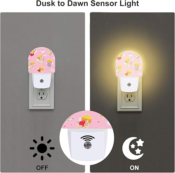 Valentine's Day Cupids with Bows Night Light for Kids,Cute Little Angels with Red Hearts Night Light Plug in with Dusk to Dawn Sensor,0.5w Energy Saving Nightlight for Hallway Stairway Kitchen Bedroom
