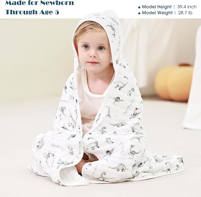 GRSSDER Ultra Soft Absorbent Muslin Cotton Baby Hooded Towel 2 Pack with Original Patterns, Extra Large Size 35"x 35" Swaddle Wrap for Newborn Infant and Toddler