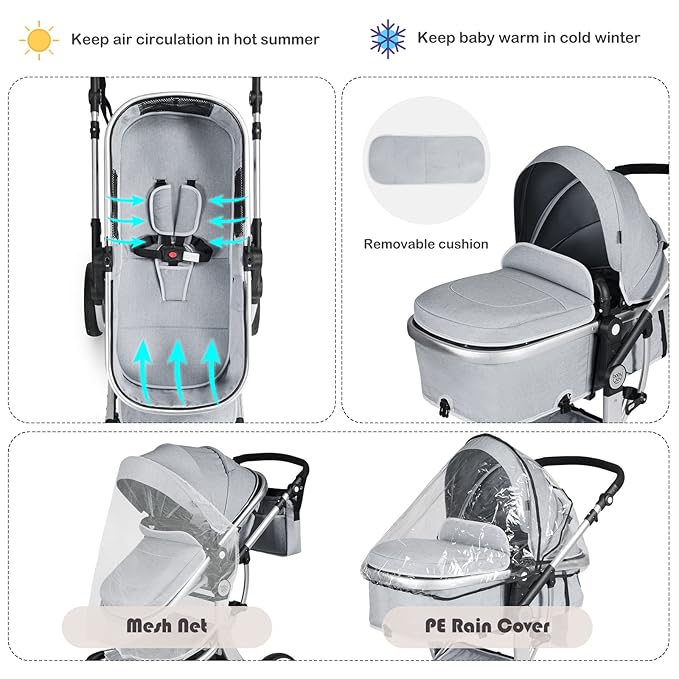 BABY JOY 2-in-1 High Landscape Baby Stroller, Reversible Bassinet Reclining Stroller, Foldable Push Chair w/Adjustable Canopy, Storage Bag, Foot Cover, Rain Cover & Net, Aluminum Alloy Frame (Gray)
