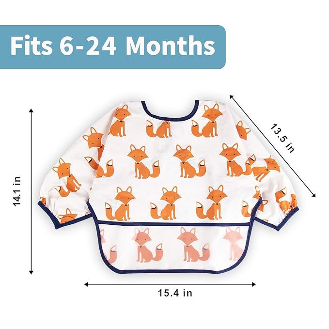 Long Sleeve Bibs For Babies 6-24 Months Full Coverage Shirt Bib for Baby Boys Girls Waterproof Smock Bibs with Sleeves Toddler Mess Free Bib for Eating with Pocket, 3 Pack