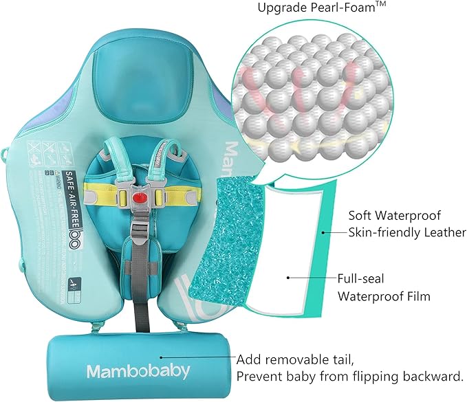Mambobaby Float Baby Float with Canopy & Tail Non-Inflatable Infant Pool Floats Adjustable Safety Strap Toddler Swim Trainer (Green)