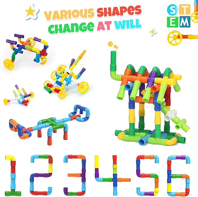 STEM Building Toy for Toddlers 106Pieces Tube Pipe Toy,Educational Preschool Game for 3+ Years,Learning Building Blocks Play with Storage Box Gift Kit,Montessori Toys for Boys & Girls