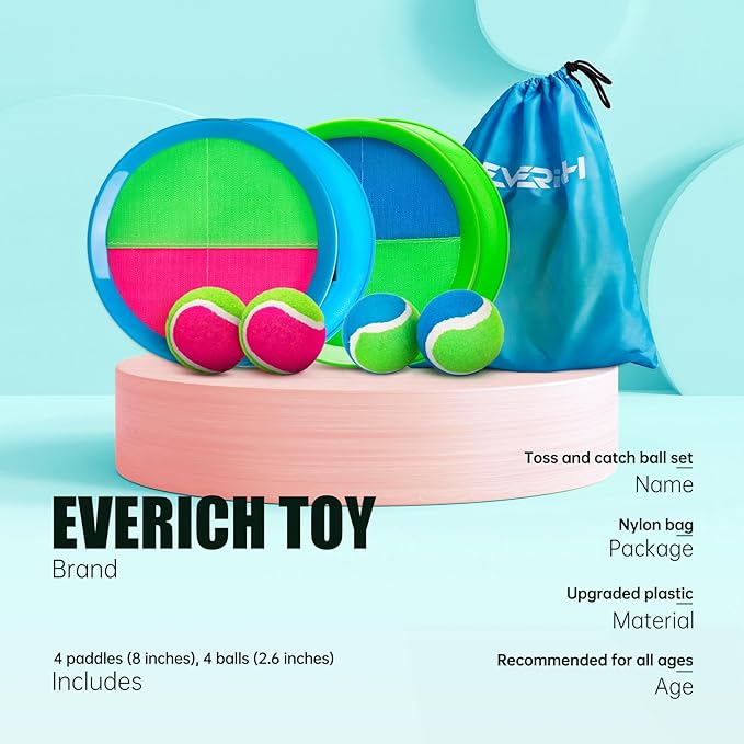 EVERICH Upgraded Toss and Catch Ball Game Set, Outdoor Games for Kids Outdoor Toys Yard Games, Beach Pool Toys for Adults Family 4 Paddles 4 Balls, Great Gifts for Boys Girls 3 4 5 6 7 8-12 Years Old