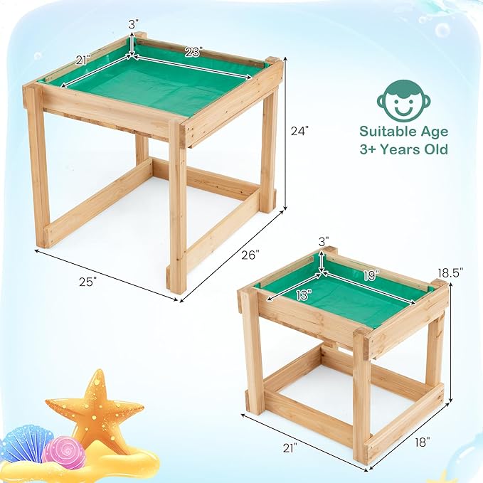 Costzon 2 PCS Wood Kids Sensory Table with Protective Cover, Built-in Liner, Space-Saving Nesting Design for Yard, Garden, Beach, Outdoor Play, Sand and Water Table for Children