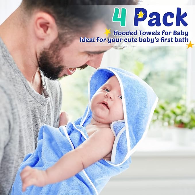 Reginary 4 Pack Baby Hooded Towels Coral Fleece Baby Bath Towels 30 x 30 Inch Soft Absorbent Hooded Bath Blanket for Newborn Toddler Infant Boy Girl Shower Gift Supplies (White, Pink, Green, Blue)