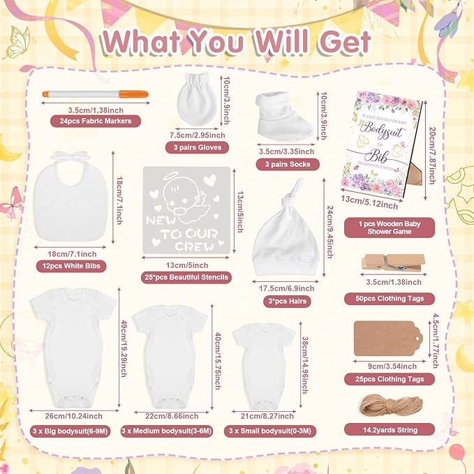 162Pcs Baby Shower Game Decorations Kit with Bibs, Fabric Markers, Wooden Sign, Bodysuits & Tags