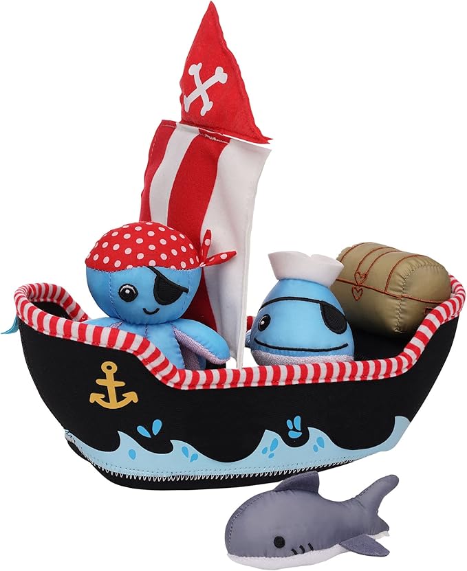 Manhattan Toy Neoprene Pirate Ship 5 Piece Floating Spill n Fill Bath Toy with Quick Dry Sponges and Squirt Toy