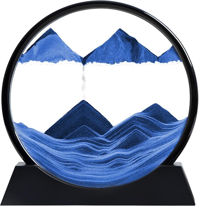 Moving Sand Art Liquid Motion, 3D Deep Sea Sandscape Color Quicksand Decor, Round Glass Moving Sand Art Picture Relaxing Desktop Home Office Work Decor (Blue, 12 inch)
