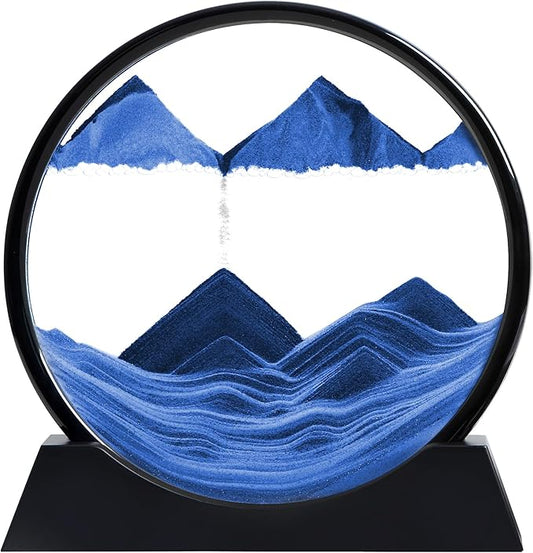 Moving Sand Art Liquid Motion, 3D Deep Sea Sandscape Color Quicksand Decor, Round Glass Moving Sand Art Picture Relaxing Desktop Home Office Work Decor (Blue, 12 inch)