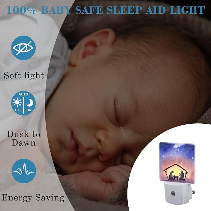 Birth of Jesus in Bethlehem Night Light Plug into Wall with Dusk to Dawn Sensor Cute Nightlight for Kid Girls Boys Women Men Room Decor, Hallway, Kitchen, Bathroom, Nursery, Stairs