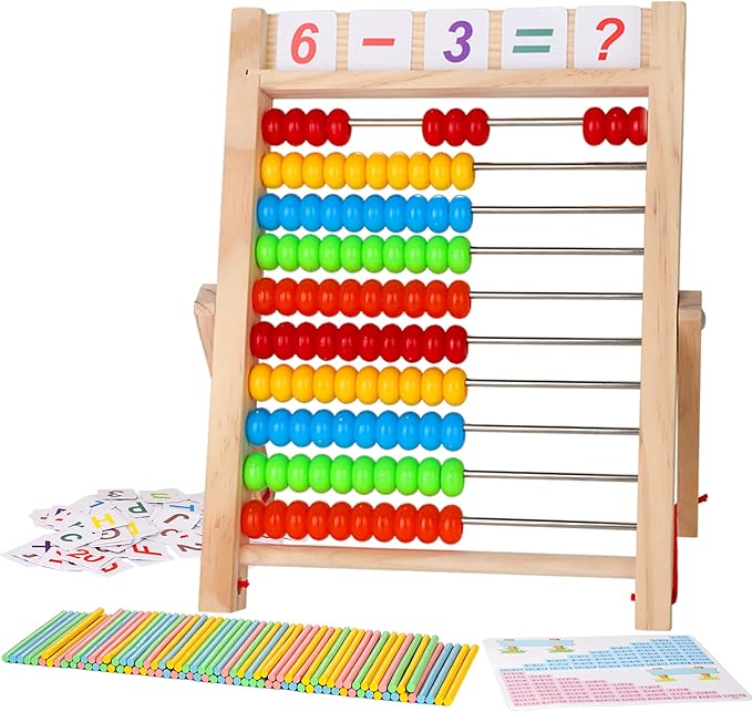 Wooden Abacus for Kids Math, Educational Counting Toy with Counting Sticks and Number Alphabet Cards, Preschool Learning Toys Gift for Boys Girls Age 3+ Years Old