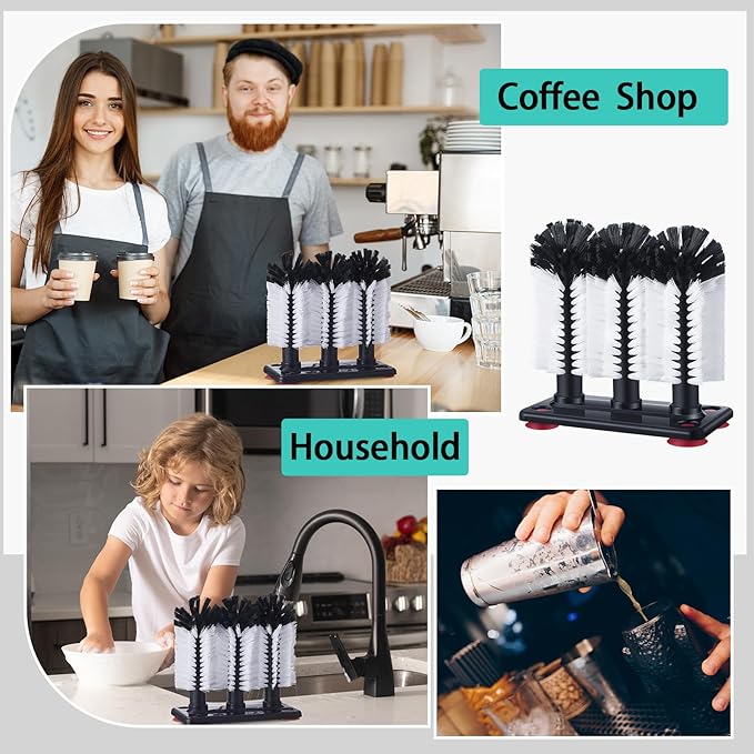 Havawish 2 Pack Water Bottle Cleaning Brush with Suction Base, 3 Head Bristle Bar Glass Washer for Sink, Cup Washer Brush Cleaner for Bar Beer Cup, Wine Glass(7.3 x 3.7 x 7.5)