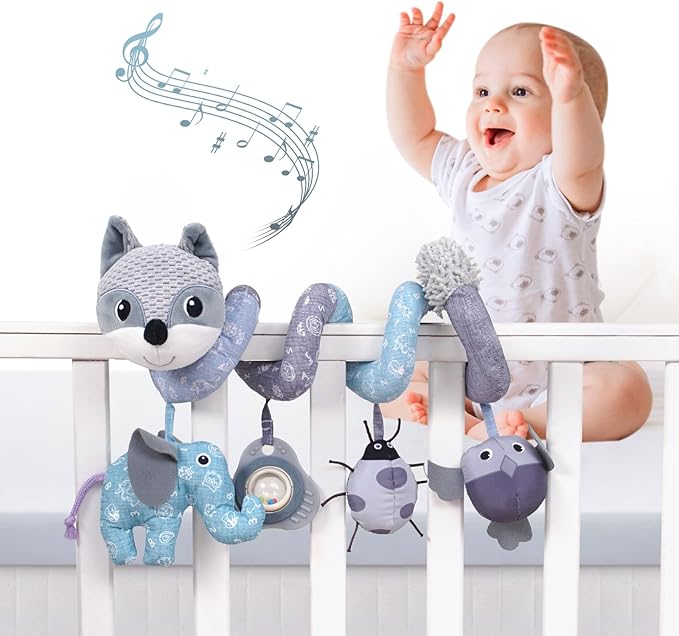 Jollybaby Crib Stroller Car Seat Toys for Baby 0-3-6-9-12 Months, Tummy Time Hanging Sensory Toys for Newborn with Music Box and Teether, Spiral Carseat Toy for Infant Boys Girls Gifts (12-Grey Fox)