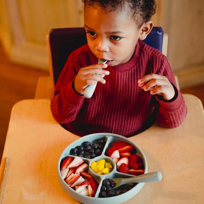 Talktools Bitsy Feeding Kid's Essentials Plate Set – Toddler Utensils, Spoon and Fork, Plate Lid, Perfect for Mealtime – Strong Suction Toddler Plates with 4 Compartments (Spoon/Fork-Cloud)