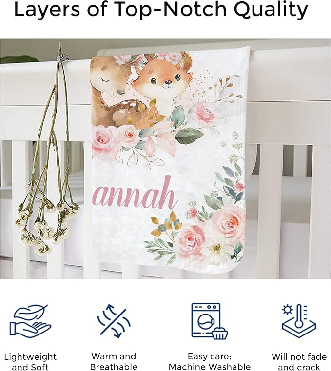 MDPrints Custom Baby Blankets for Boys and Girls, Personalized Baby Gifts, Customized Newborn Blanket with Name, Minky Plush Fleece (Woodland VN87)