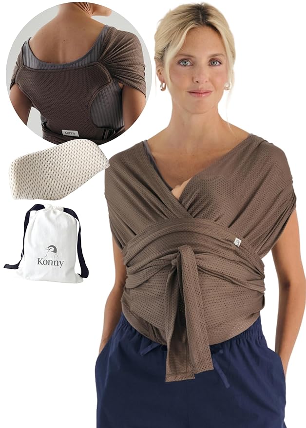 Konny Baby Carrier Flex AirMesh with Head Support- Adjustable, Easy to Wear Baby Wrap Sling, Perfect for Newborn Babies Essentials up to 44 lbs (XS-XL) - Mocha