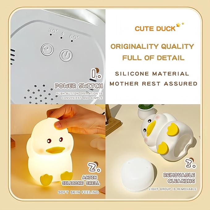 Soft Silicone Cute Duck Night Light, 2-Level Brightness 6 Colors Changeable, with Timing Function Rechargeable Night Light for Nursery Kids Bedroom, Toddler Gift