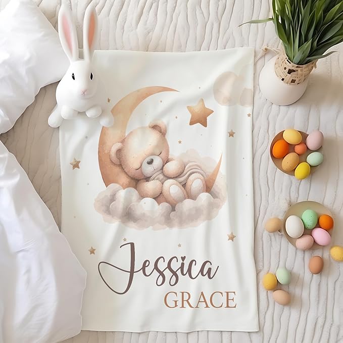 Teddy Bear Personalized Baby Blanket for Girl, Baby Girl Blankets, Brown Bear Moon Custom Name Blanket for Girls, New Mom Newborn Gift, Birthday