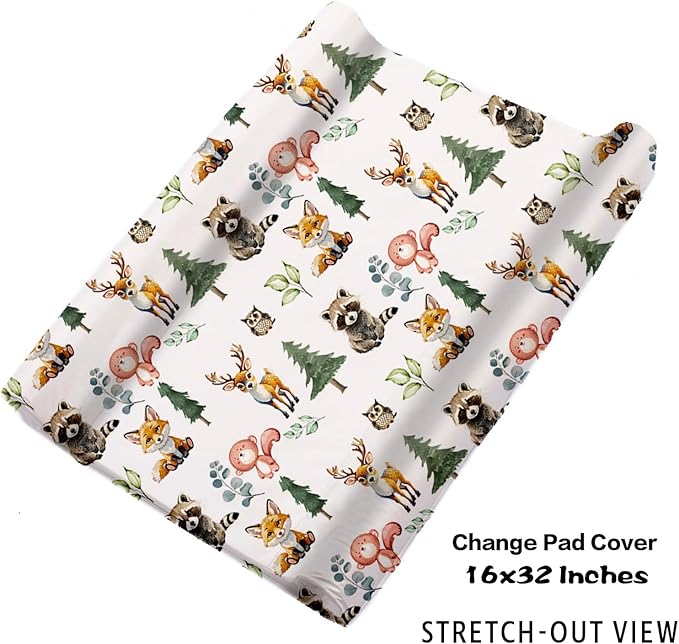 Personalized Baby Crib Bedding Set for Baby Boys Girls, Animal Stump Pattern Custom Name Baby Crib Sets 5-Pcs, Toddler Double Layer Blanket Fitted Sheets Changing Pad Cover Rug Wall Art Set