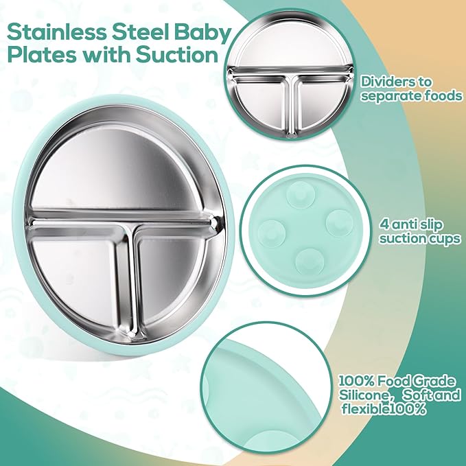 Mity rain Stainless Steel & Silicone Toddler Plates and Bowls Set with Suction,10-Piece Suction Plates & Bowls for Toddler,Removable Shell,Silicones Baby Plates for Independent Eating.