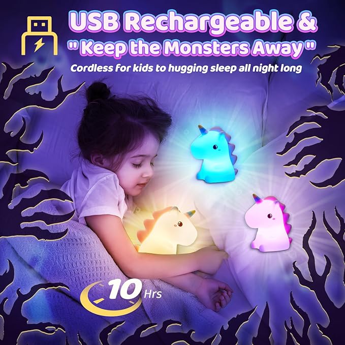Unicorn Toys for Girls Age 4-6, 16 Colors Night Light for Kids Night Light, Silicone+Dimmable Toys for Girls, Toddler, Baby, Rechargeable Nightlight for Kids Room