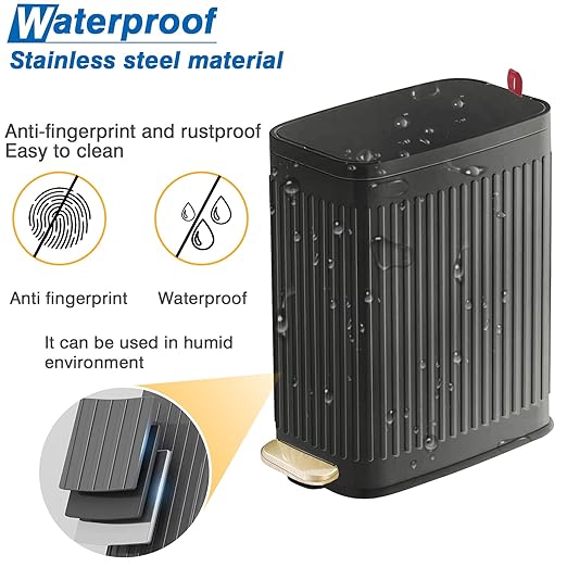 Small Bathroom Trash Can with Air Freshener Soft Close Lid, 6 Liter/ 1.6 Gallon Stainless Steel Garbage Can with Removable Inner Bucket, Step Pedal, Slim Wastebasket for Bedroom, Toilet, Office,Black
