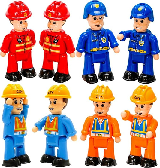 FUNERICA 8-Set Bendable Play People Figures for Kids - Firefighters, Police Officers, Construction Workers, Sanitation and Community Helpers Figurines